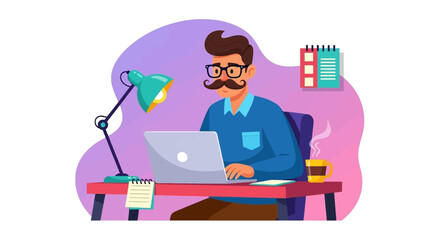 Man with mustache and glasses diligently working on a laptop at his desk. Ideal for remote work, online education, or modern business concepts.
