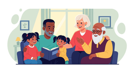 Happy multi-generational family on a couch, enjoying a book together. Depicts bonding, learning, and comfortable home life.