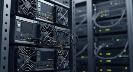Modern cryptocurrency mining hardware stacked in secure server room, digital currency extraction technology with powerful cooling systems and monitoring displays
