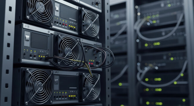 Modern cryptocurrency mining hardware stacked in secure server room, digital currency extraction technology with powerful cooling systems and monitoring displays