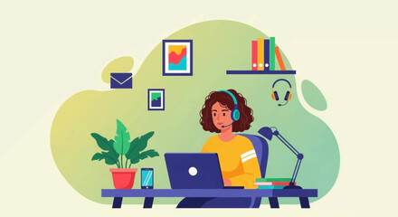 Woman with headset working on laptop in a cozy home office, illustrating remote work, virtual meetings, online education, or customer support.