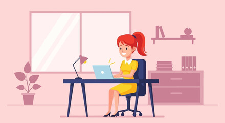 Smiling young woman in a yellow dress working remotely on her laptop at a home office desk, symbolizing productivity and online learning.