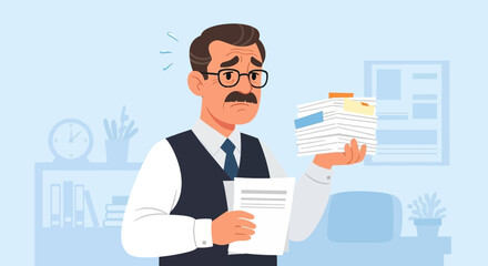 Overwhelmed businessman dealing with excessive paperwork and a stressful workload in the office. Concept of bureaucracy and deadlines.