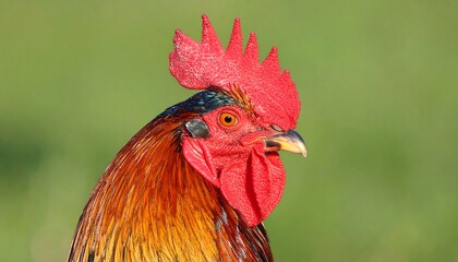 Close-up portrait of a vibrant rooster with bright red comb and wattle, set against a blurred green background.