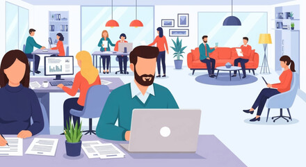 Diverse professionals collaborate and work diligently in a bright, modern open-plan office, representing teamwork, productivity, and a contemporary business environment.