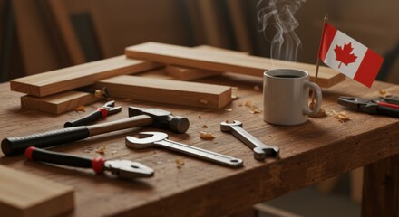 A carpenter's workbench with tools, wood, a hot coffee, and a small Canadian flag.