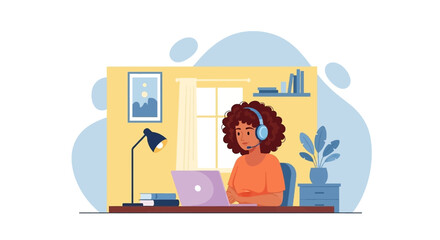 Young woman in a headset works remotely on her laptop from a home office, embodying modern productivity, online support, or e-learning.