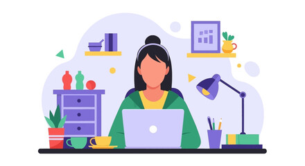 Woman working diligently on laptop at her home office desk. Ideal for concepts of remote work, productivity, online learning, and modern business.