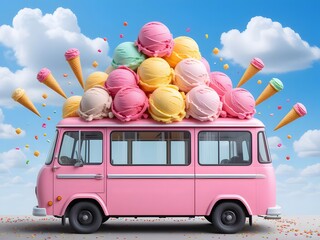 Whimsical pink ice cream truck overflowing with colorful scoops and cones against a bright blue sky