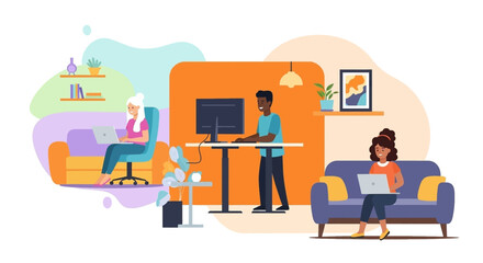 Diverse individuals work remotely from their flexible home offices, demonstrating modern productivity and work-life balance in a comfortable setting.