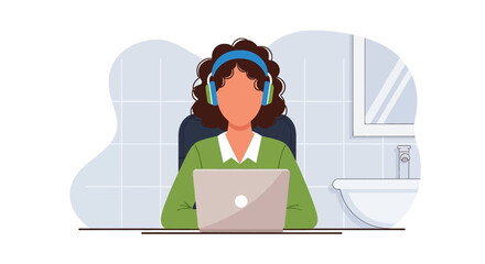 Person with headphones using laptop for remote work, online learning, or virtual communication in a home office setting. Represents productivity and modern lifestyle.