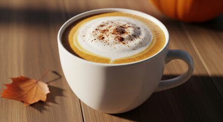 Obraz premium Foamy pumpkin spice latte in white cup on wooden table with autumn leaf, cozy seasonal hot drink topped with cinnamon, warm morning atmosphere