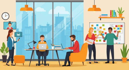 Dynamic modern office with diverse team collaborating on projects and digital tasks. Ideal for business, technology, and corporate lifestyle themes.