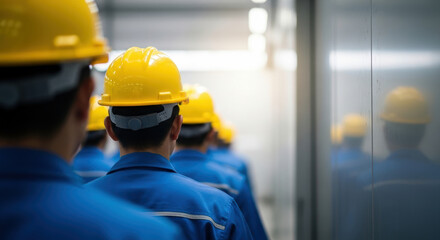 Industrial workers in blue uniforms and yellow safety helmets walk in a line through a modern corridor, emphasizing teamwork and workplace safety in a manufacturing environment