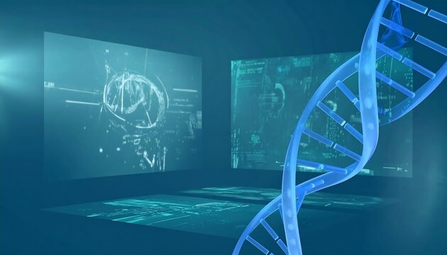 A 3D rendering of a DNA double helix positioned within a futuristic interface of interactive displays, showcasing complex data visualizations.