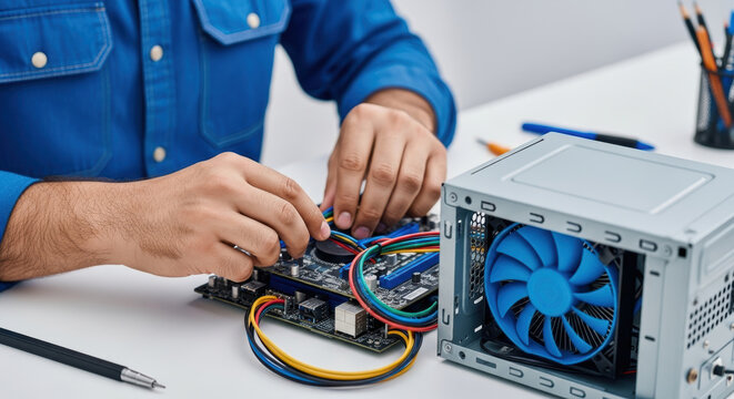 Technician assembling computer parts connecting wires to motherboard and installing cooling fan in modern desktop workstation for hardware maintenance and system building