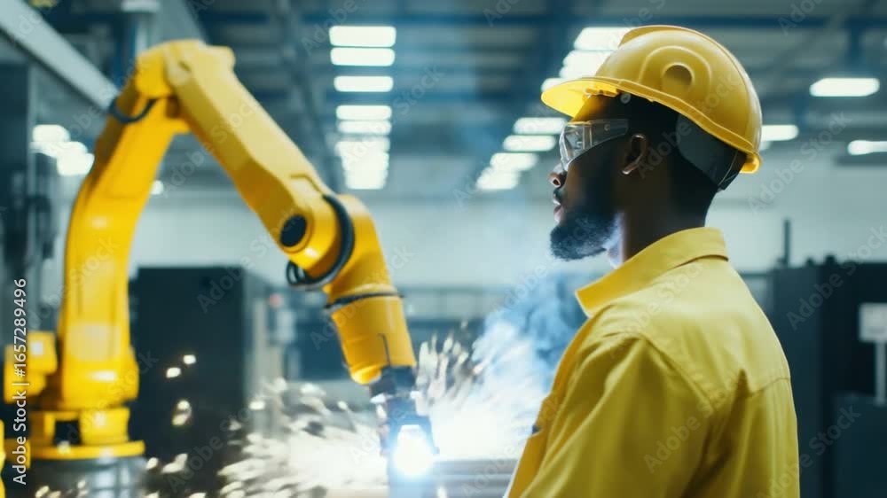 Poster advanced robotics in modern manufacturing environment with worker wearing safety gear and efficient 