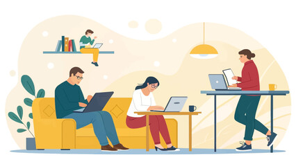 Individuals engaged in remote work and online learning from various home office setups, showcasing digital collaboration and flexible productivity.
