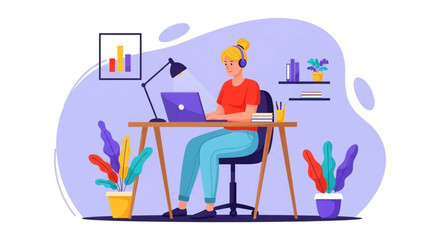 Young woman focused on remote work at home, wearing headphones while using a laptop. Ideal for online education, freelance business, or digital productivity concepts.