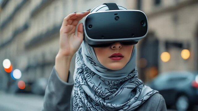 Woman in Hijab Experiences Virtual Reality in Urban Setting, Exploring Digital World