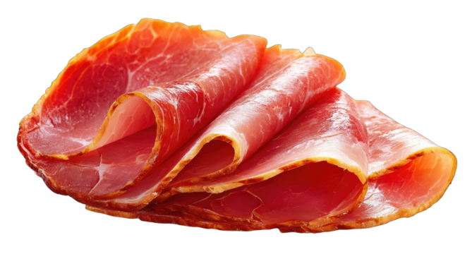 Sliced cured ham, vibrant red, layered slices