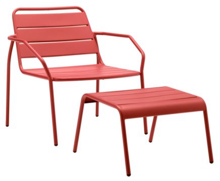 Steel frame chair with side backrest and steel footrest table cut out isolated transparent background