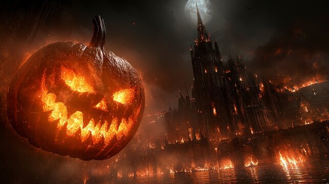 Fiery Halloween pumpkin before burning castle