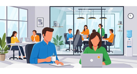 Professionals working productively in a modern, dynamic office environment, with teams collaborating and individuals focused on their tasks. Ideal for business and corporate themes.