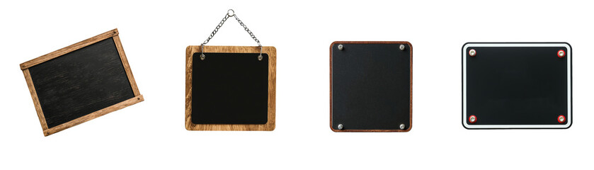 Fototapeta premium Four blank chalkboards with wooden and metal frames, each with unique design, are displayed against transparency background