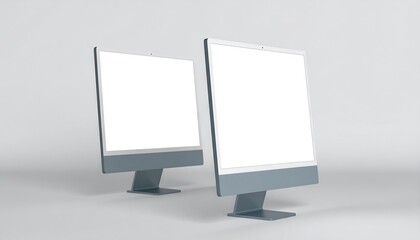 Two modern gray desktop computer monitors with blank white screens are displayed against a neutral background, showcasing sleek design and minimalist aesthetics.