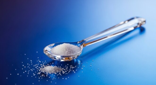 A clear crystalline spoon holds granulated white powder with some spilled on the shiny blue surface