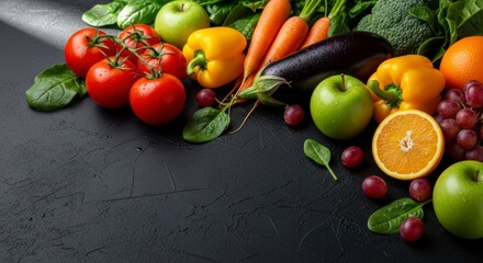 An assortment of fresh fruits and vegetables is displayed on a dark surface featuring tomatoes peppers apples grapes oranges carrots and eggplant