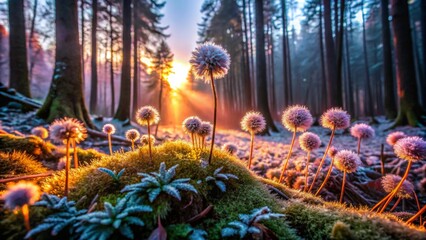 Obraz premium Frosty Dandelions in Forest at Sunrise