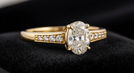 Closeup of a gold ring with an oval diamond and smaller diamonds resting on a black velvet surface