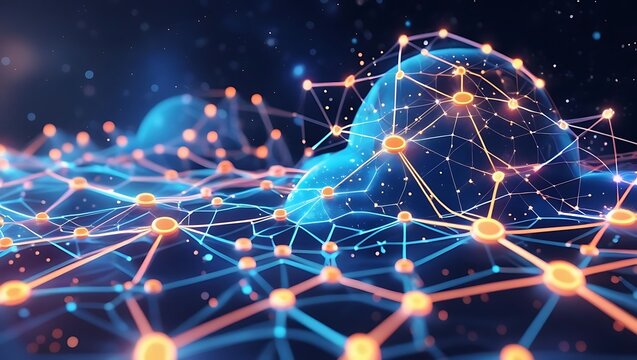 Abstract neural network with glowing connections and humanoid figures