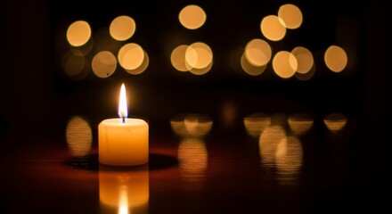 Lit candle on a surface with blurred lights in background