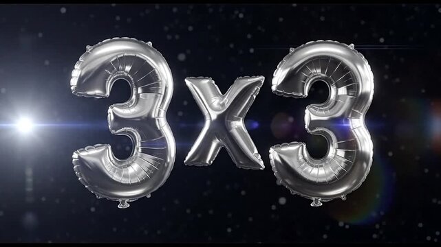 Shiny Silver 3X3 Foil Balloons Floating Dynamically in a Dark, Starry Space with Cinematic Lens Flares.