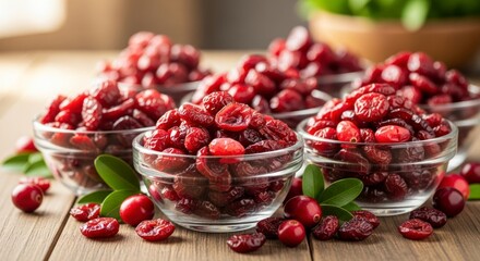 Several glass bowls filled with dried cranberries are on a wooden table garnished with green leaves