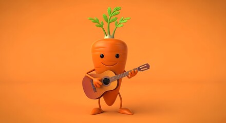 A happy cartoon carrot character playing a guitar against an orange background