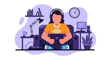 Person in headphones using a tablet at home, symbolizing remote work, online learning, or digital lifestyle. Ideal for technology and productivity concepts.