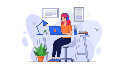 Woman with headphones working remotely on a laptop at a home office desk, illustrating productivity, online learning, and a balanced lifestyle.