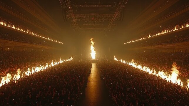 Fiery stage spectacle, vast crowd