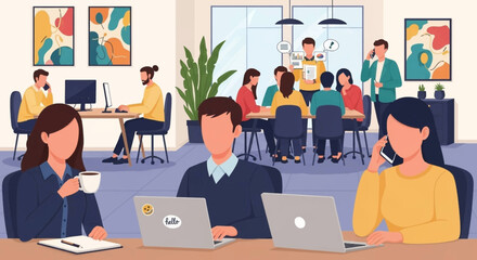 Busy modern office with diverse professionals collaborating, working on laptops, and communicating. Ideal for business, teamwork, and corporate culture concepts.