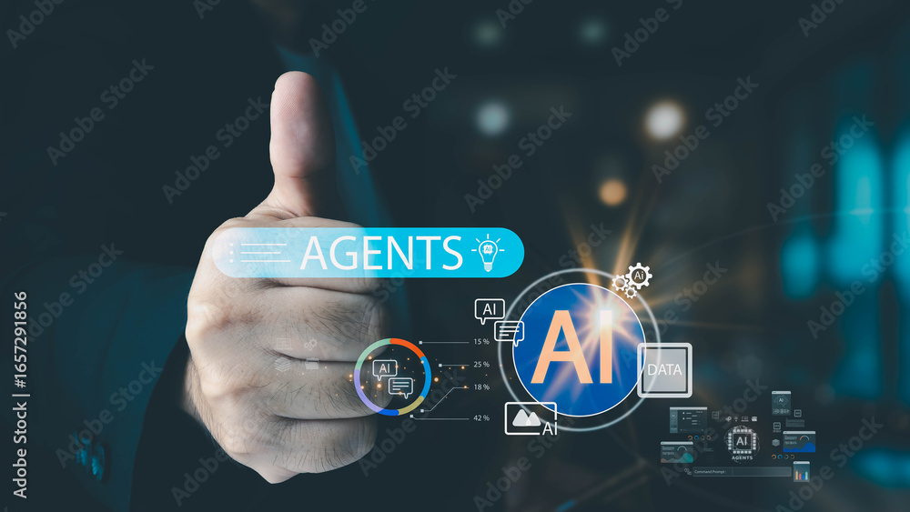 Poster a businessman gives a thumbs-up to an ai agents holographic interface, showcasing control over data 