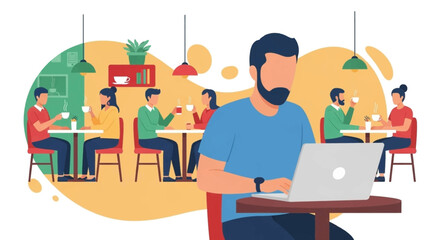 Focused man working on laptop in a vibrant, modern cafe, showcasing remote work, freelance, and contemporary lifestyle in a public space.