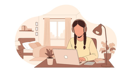 Young woman with headphones focused on laptop, working from home or studying remotely in a comfortable bedroom setting. Ideal for themes of online education, remote work, and modern lifestyle.