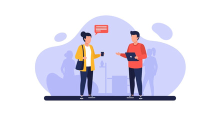 Professional colleagues discussing ideas in a modern business setting, representing teamwork and digital communication.