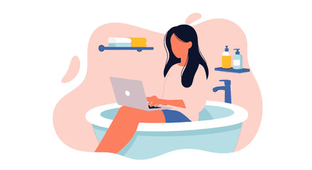 Woman working remotely on laptop from the comfort of her bathtub, illustrating a flexible work-from-home lifestyle and multitasking.