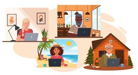 Diverse people working remotely from various locations: home office, cafe, beach, and cabin. Illustrates flexible work, global connectivity, and modern lifestyle concepts.