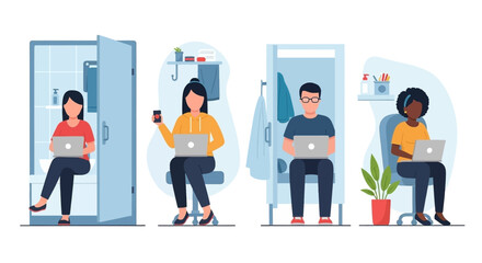 Diverse people working remotely from various home spaces, highlighting the flexibility and occasional humor of virtual work and lifestyle.